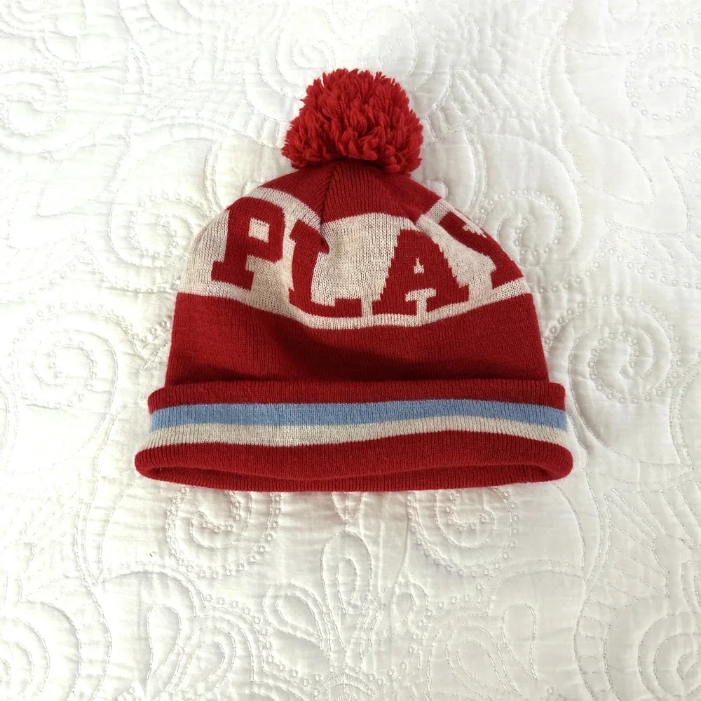 1977 Play Cloths Beanie Pompom Play Red Wool Blend